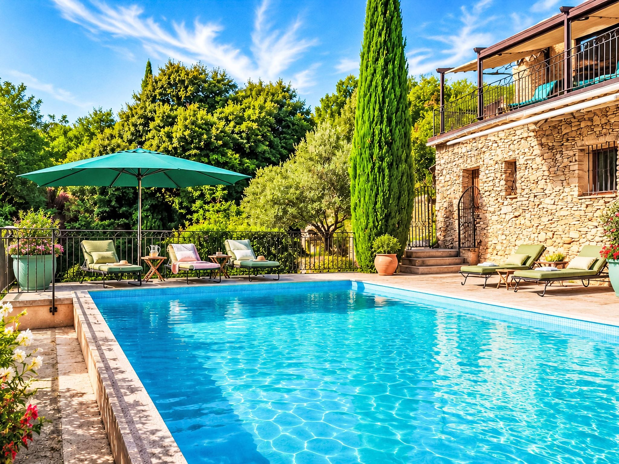 A clear blue pool with lounge chairs and a stone building with a balcony.