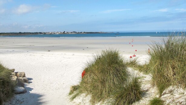 Een strand met wit zand, weinig begroeiing en een helderblauwe lucht.