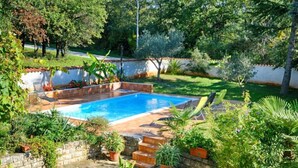 Piscina retangular rodeada por um jardim com diversas plantas e um muro de pedra.