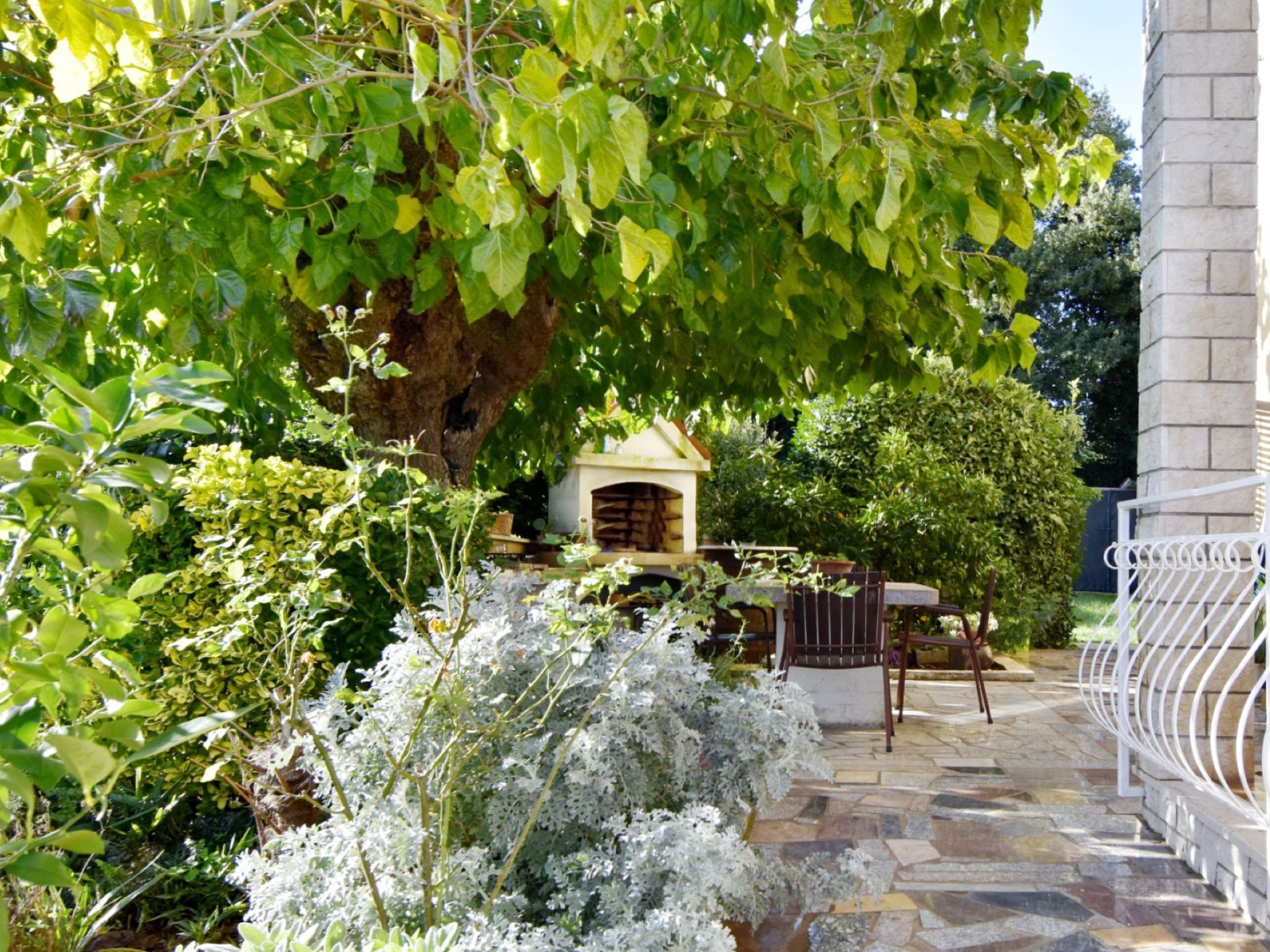 A stone patio with a white metal bench and a small wooden structure in the background.