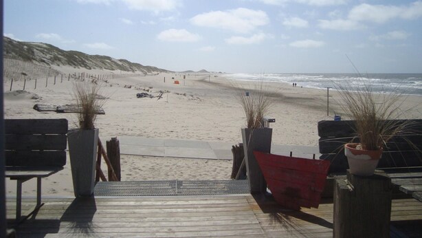 En strand med en træpromenade, der fører til vandkanten, med plantekasser og et rødt stof.