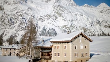 Eine verschneite Berglandschaft mit einem traditionellen Chalet mit zahlreichen Fenstern und einem Balkon.