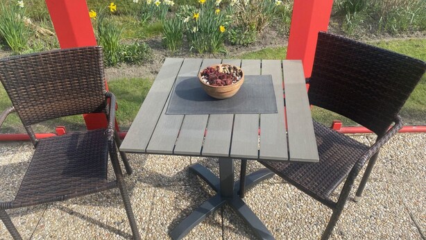 Une table carrée, avec une chaise en osier placée de chaque côté, un saladier de fruits posé sur la table, et un jardin fleuri en arrière-plan.