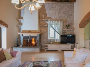 Televisión, chimenea y reproductor de DVD 