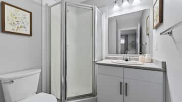 Hair dryer, towels, soap, toilet paper