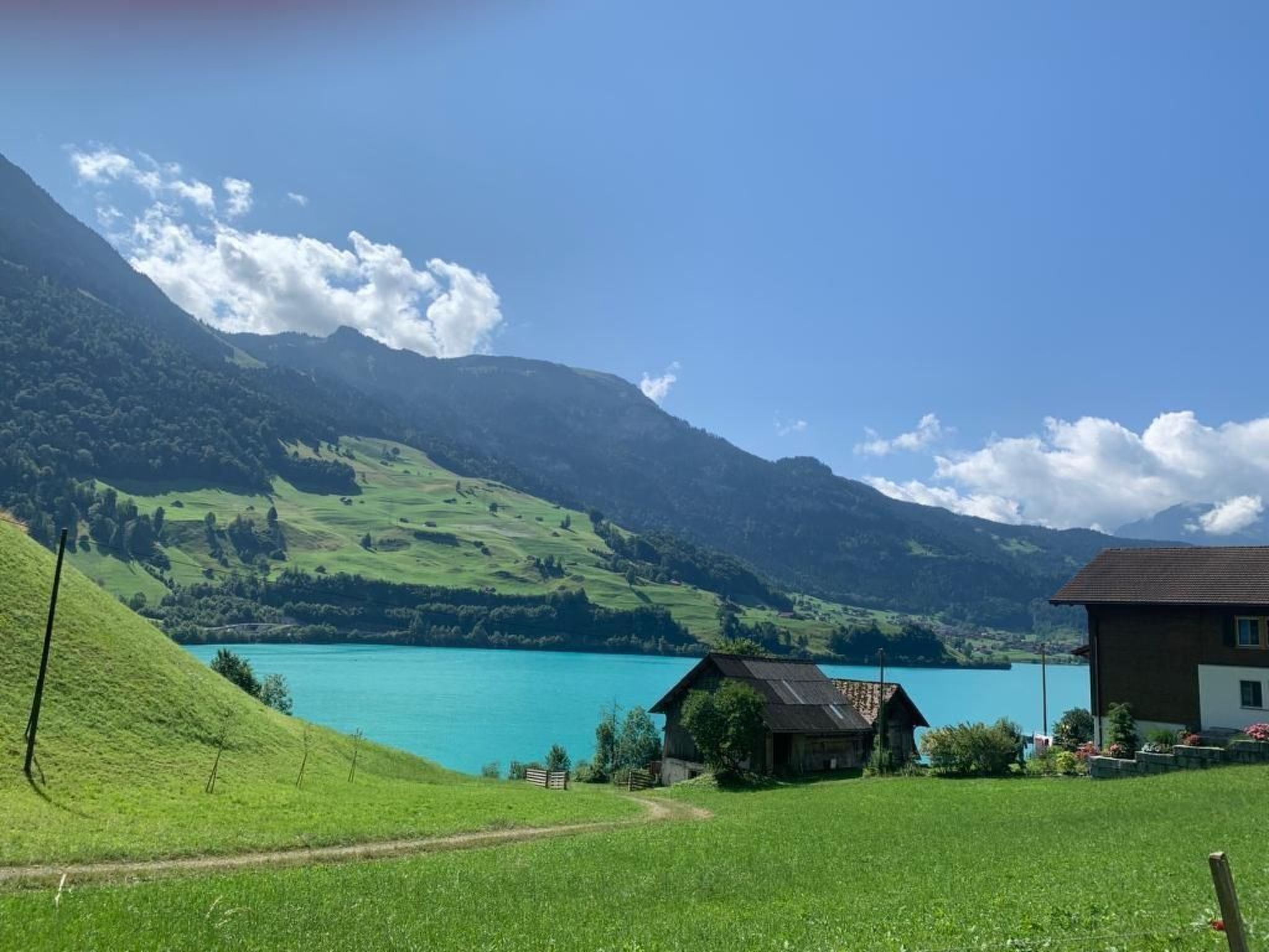 A rural landscape with a lake, mountains, and a small house with a path leading to it.