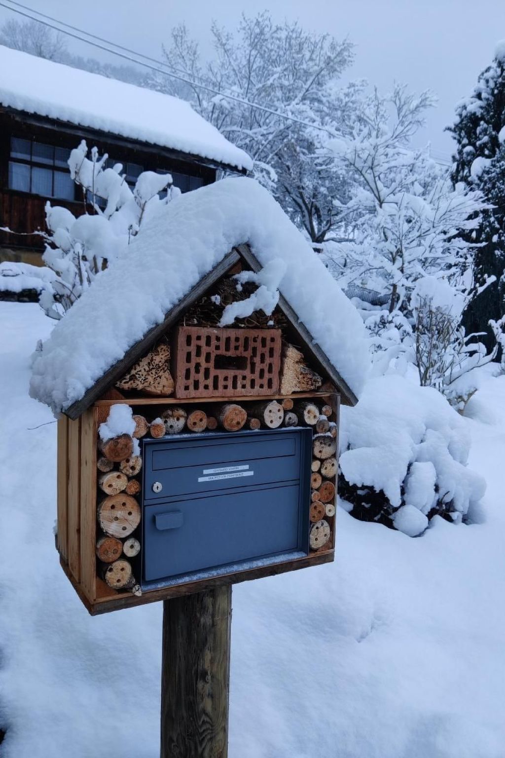 A wooden birdhouse with a snow-covered roof, a blue front panel, and a log storage compartment.