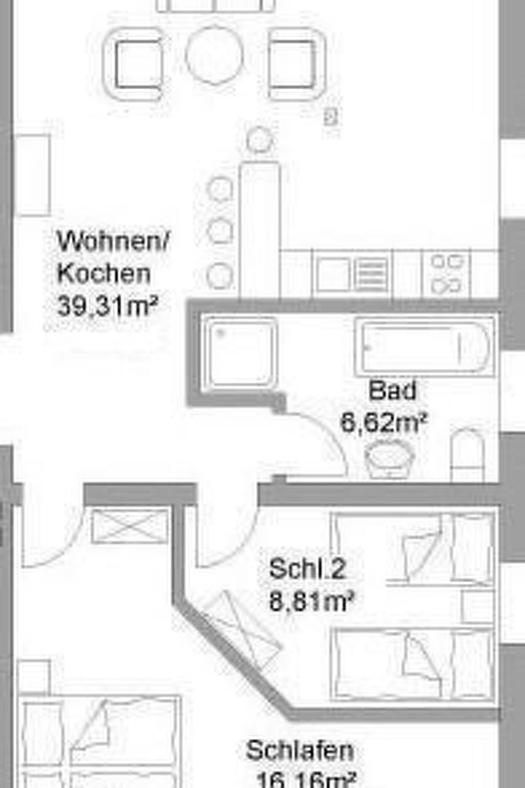 A floor plan with a living/dining area of 39.31m², a bathroom of 8.62m², a second bedroom of 8.81m², and a master bedroom of 16.16m².