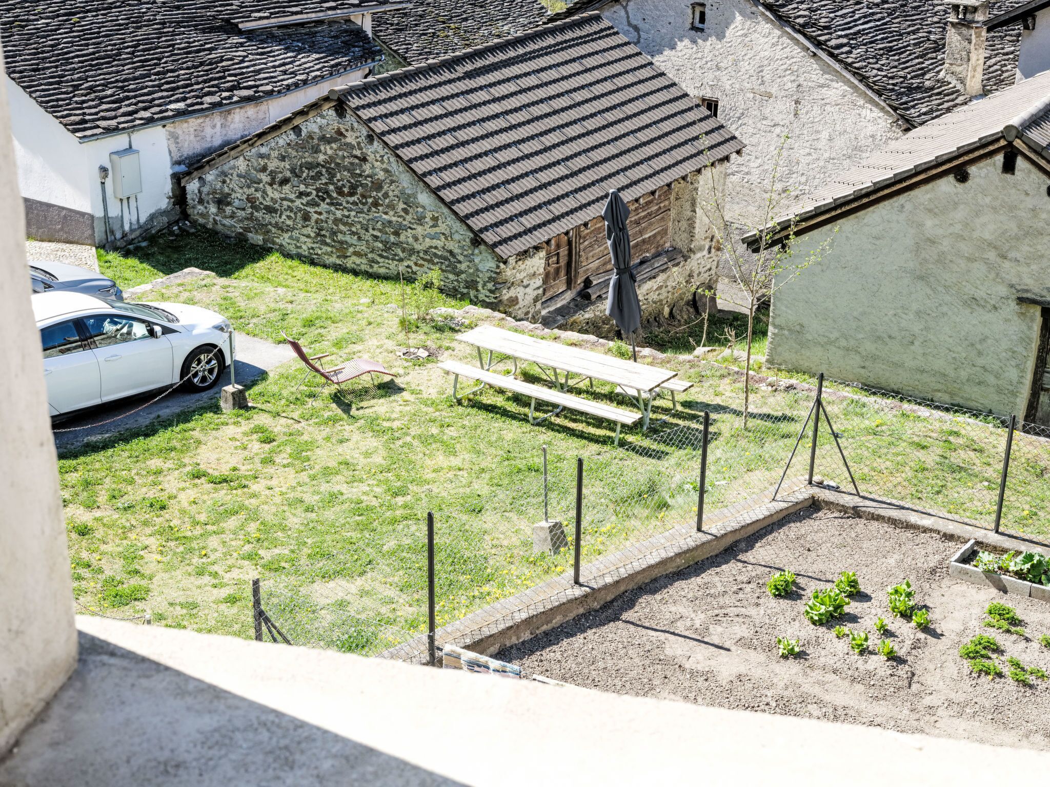 A residential area with a white car parked in the driveway, a picnic table, and a garden with young plants.
