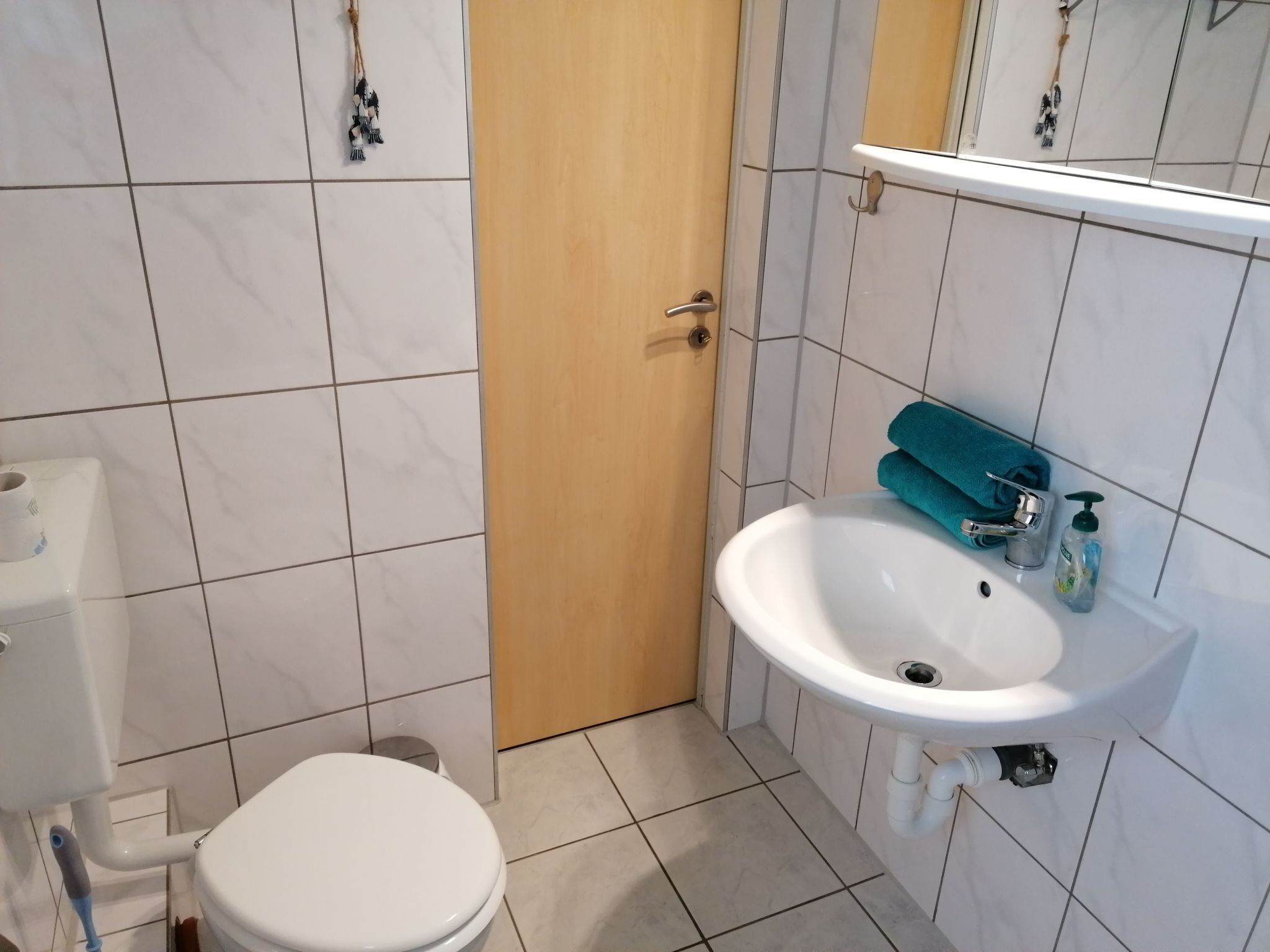 A small bathroom with a toilet, sink, and a wooden door.