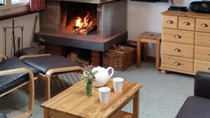 Una sala de estar acogedora con chimenea, televisor y estantería.