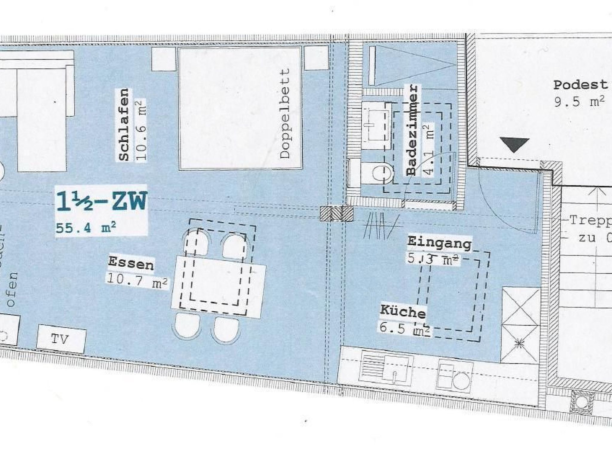 Un plan d’étage comprenant un salon, un coin repas, une cuisine, une salle de bain et un petit jardin.