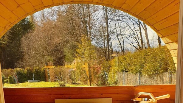 An outdoor sauna with wooden benches and a sauna heater. - Vacation home Zita by Interhome (Thale)
