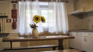 Una cocina con ventana, un florero con girasoles, un extintor y una estufa.