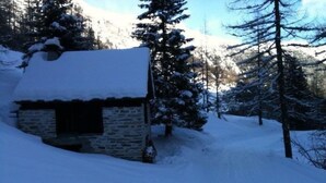 Una cabaña cubierta de nieve con fachada de piedra, rodeada de árboles cargados de nieve y un cielo despejado.