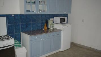 Fridge, microwave, oven, cookware/dishes/utensils