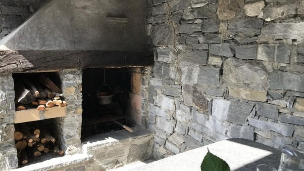 Une cheminée en pierre avec des bûches et un pot à l’intérieur, une étagère en béton et une fleur posée sur l’étagère.