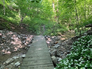 A wooden bridge over a rocky stream in a forested area. - nirkwerk - WOHNEN&WERKEN by Interhome (Schönengrund)
