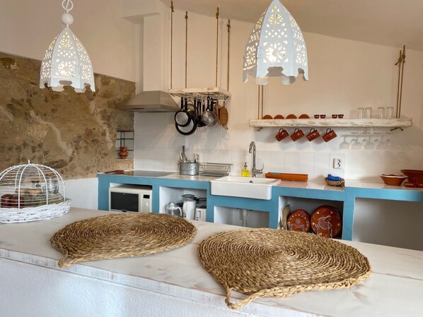 Fridge, microwave, oven, cookware/dishes/utensils