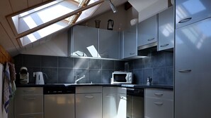 A modern kitchen with skylights, stainless steel appliances, and a wooden floor.