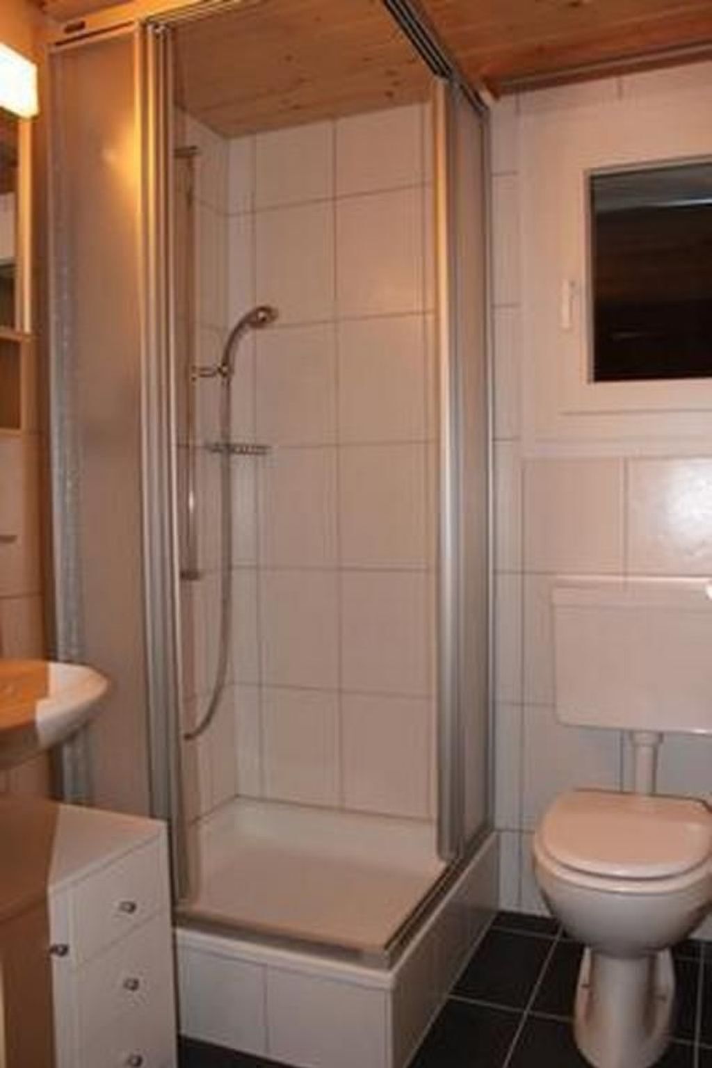 A bathroom with a shower enclosure, a toilet, and a sink.