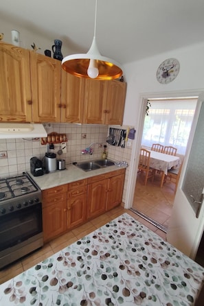 Fridge, microwave, oven, cookware/dishes/utensils
