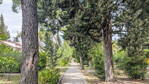 Ein gepflasterter Weg, gesäumt von Bäumen und Sträuchern, der zu einem Gebäude mit rotem Dach führt.