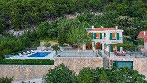 A villa with a swimming pool, outdoor seating, and a stone wall. - Villa Miscic by Interhome (Brela)