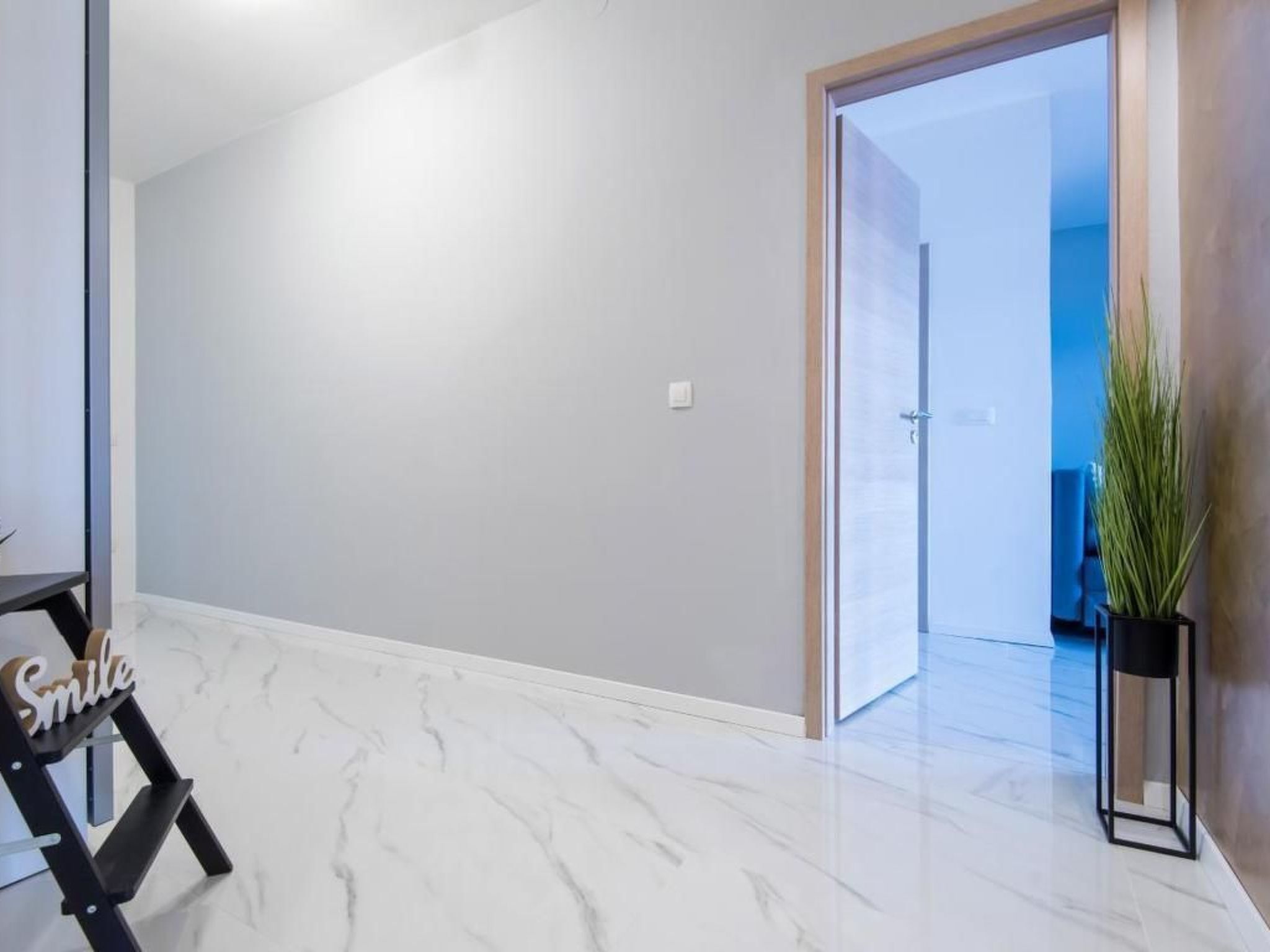 A spacious room with a marble floor, a wooden door, and a potted plant.