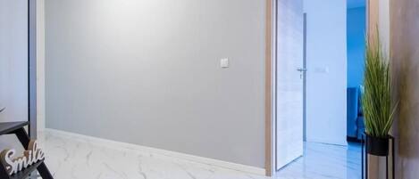 A spacious room with a marble floor, a wooden door, and a potted plant.