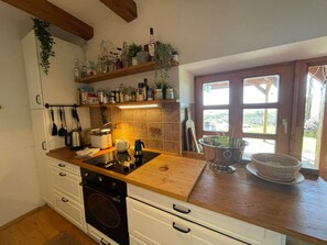 Fridge, oven, dishwasher, cookware/dishes/utensils