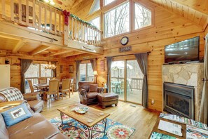 TV, fireplace, DVD player, books