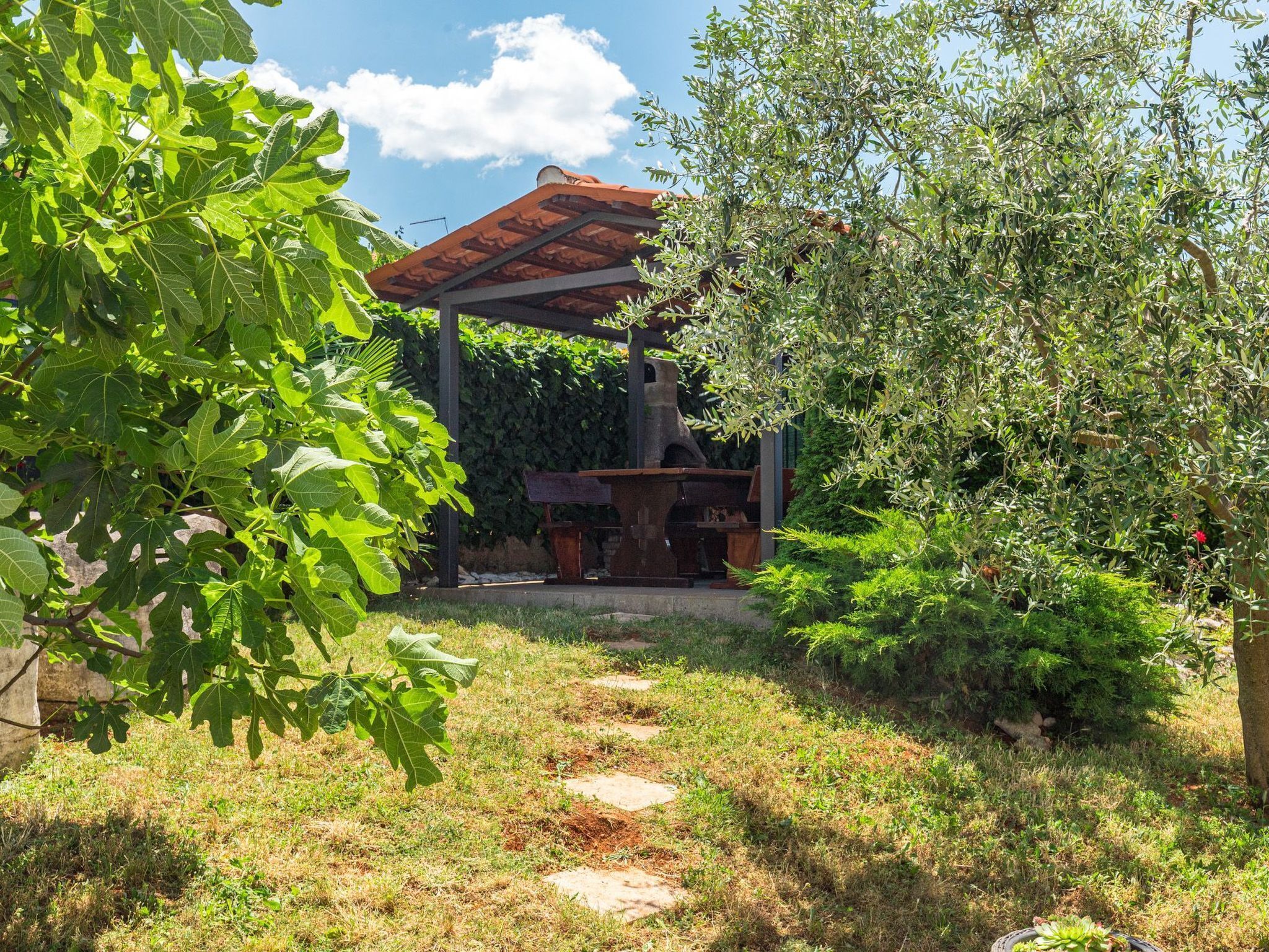 A rustic outdoor area with a stone pathway leading to a wooden pergola.