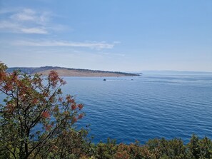 Eine Küstenlandschaft mit freiem Blick auf das Meer, einer entfernten Uferlinie und einer Brücke im Hintergrund.
