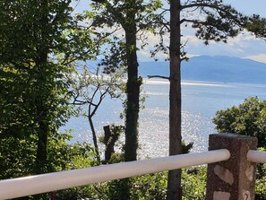 Een uitzicht op een meer, met bomen op de voorgrond en bergen op de achtergrond.