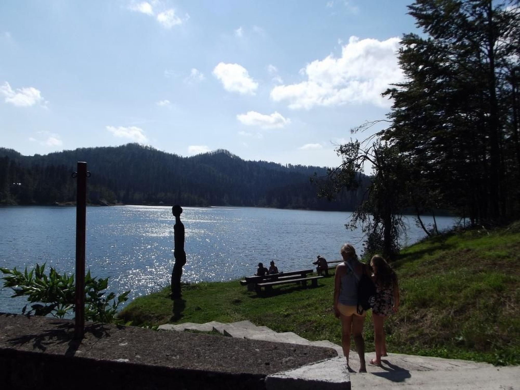 Vista para o lago com um píer de madeira, mesas para piquenique e uma área gramada.