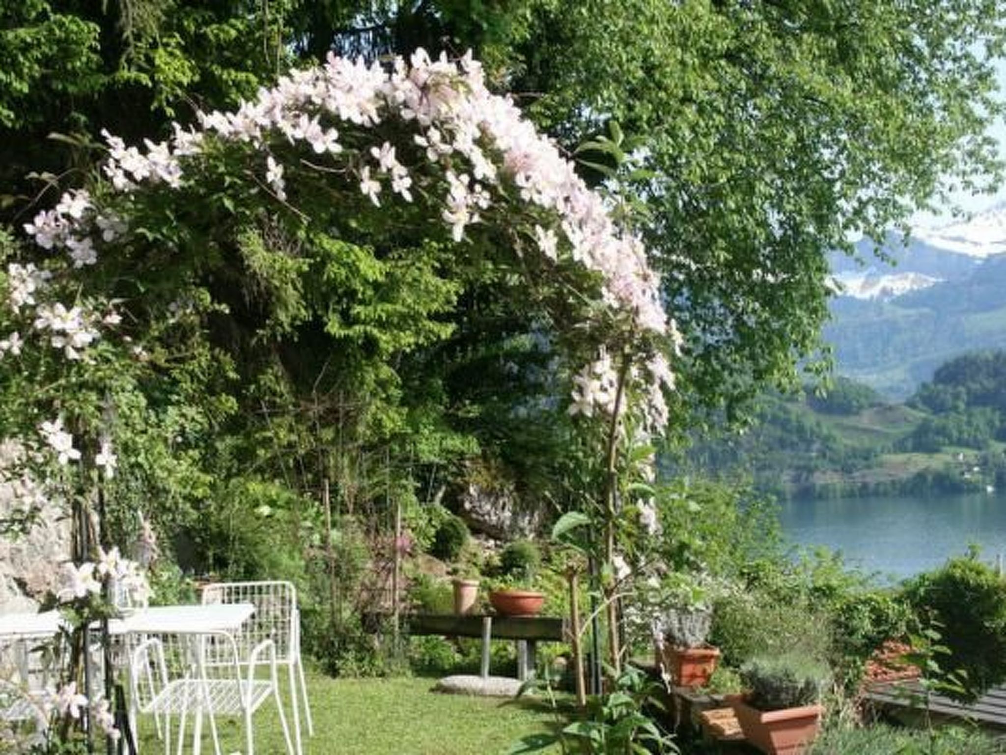 A garden with a white metal table and chairs, surrounded by lush greenery and flowering plants.