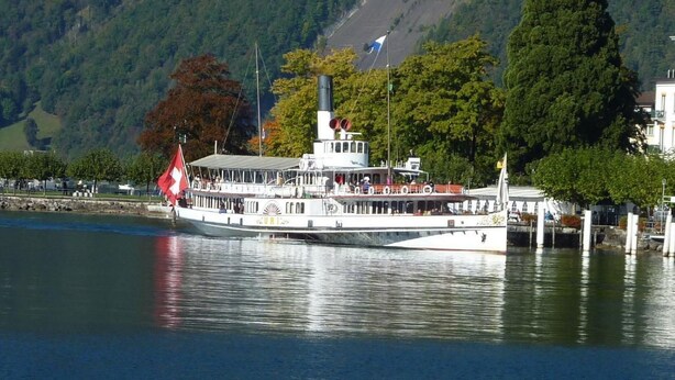 A riverboat docked at a pier with a mountainous backdrop. - Oberwilen by Interhome (Vitznau)