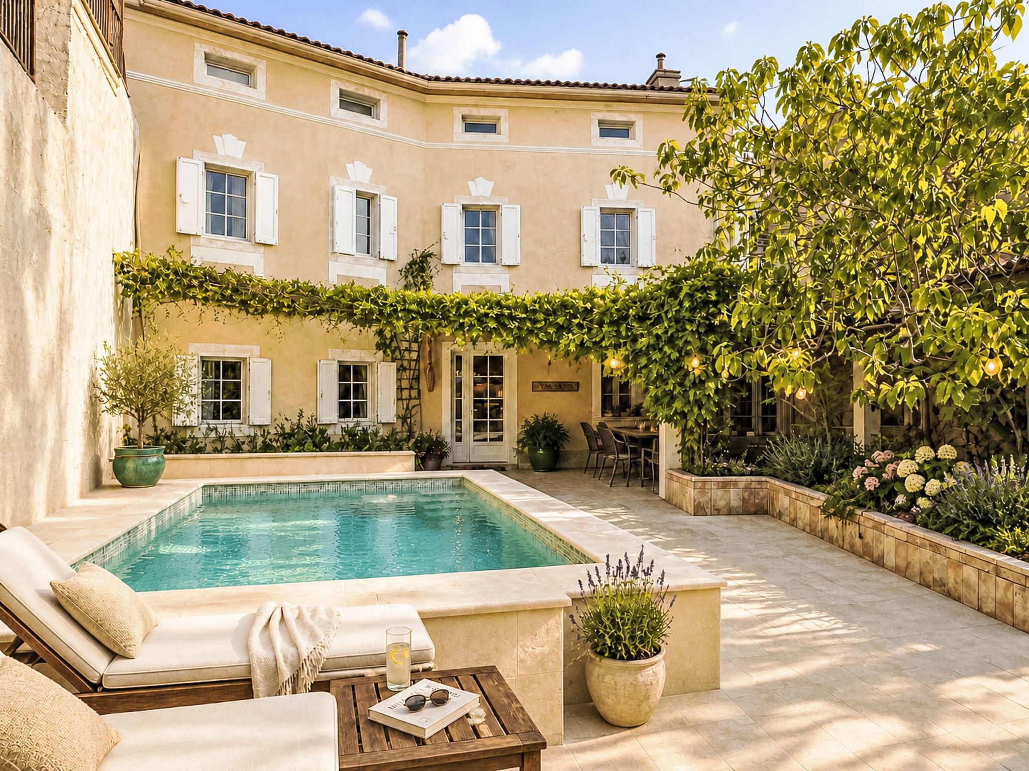 A pool area with lounge chairs, a table with a book and glasses, and a building with a tiled roof and windows.