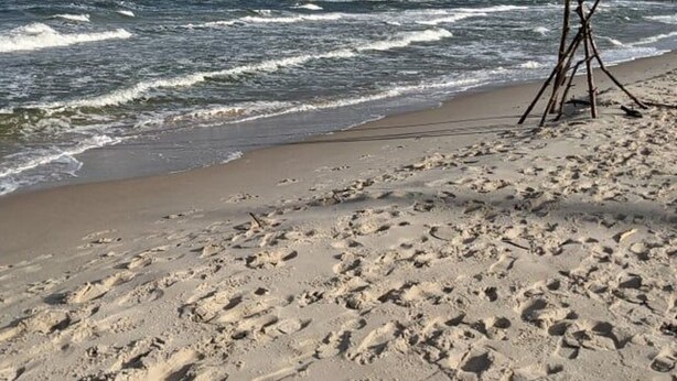 Ein sandiger Strand mit Fußabdrücken und einer Holzkonstruktion.