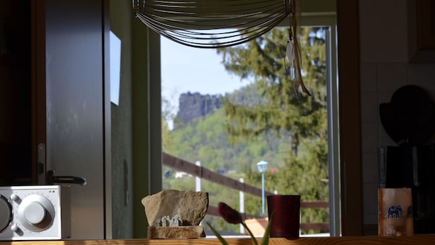 A wooden table with a radio, a vase with flowers, and a view of a mountain through a window. - Panoramablick in Königstein by Interhome (Königstein)