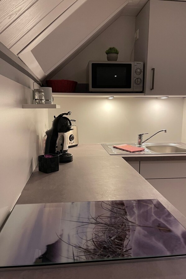 Fridge, microwave, cookware/dishes/utensils