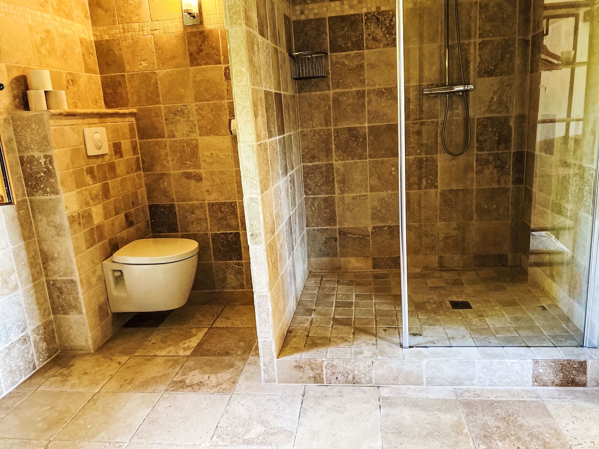 A bathroom with a toilet, a shower area, and tiled walls.