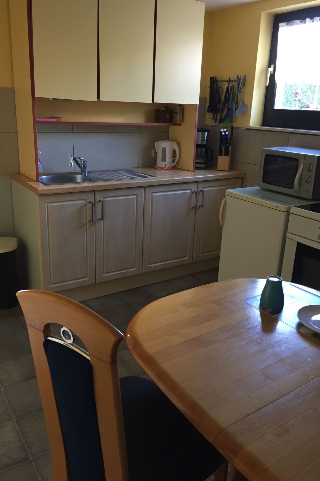 Fridge, microwave, oven, cookware/dishes/utensils