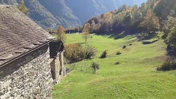 Ein Steinhaus mit geneigtem Dach, das auf ein grünes Tal mit Bäumen und Bergen im Hintergrund blickt.