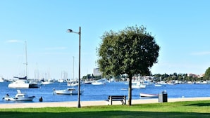 A marina with boats, a bench, and a tree. - Große Wohnung in Umag mit Terrasse und Grill by Interhome (Umag)
