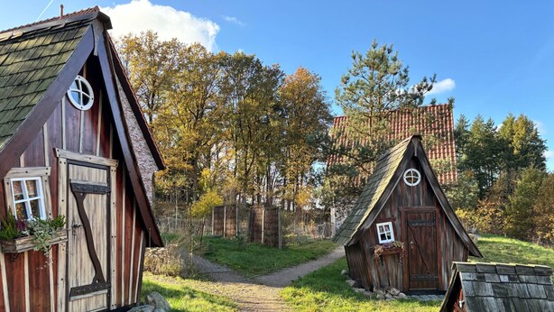 Una cabaña de madera rústica con un camino de tierra que lleva a ella, rodeada de árboles y una pequeña construcción de madera.