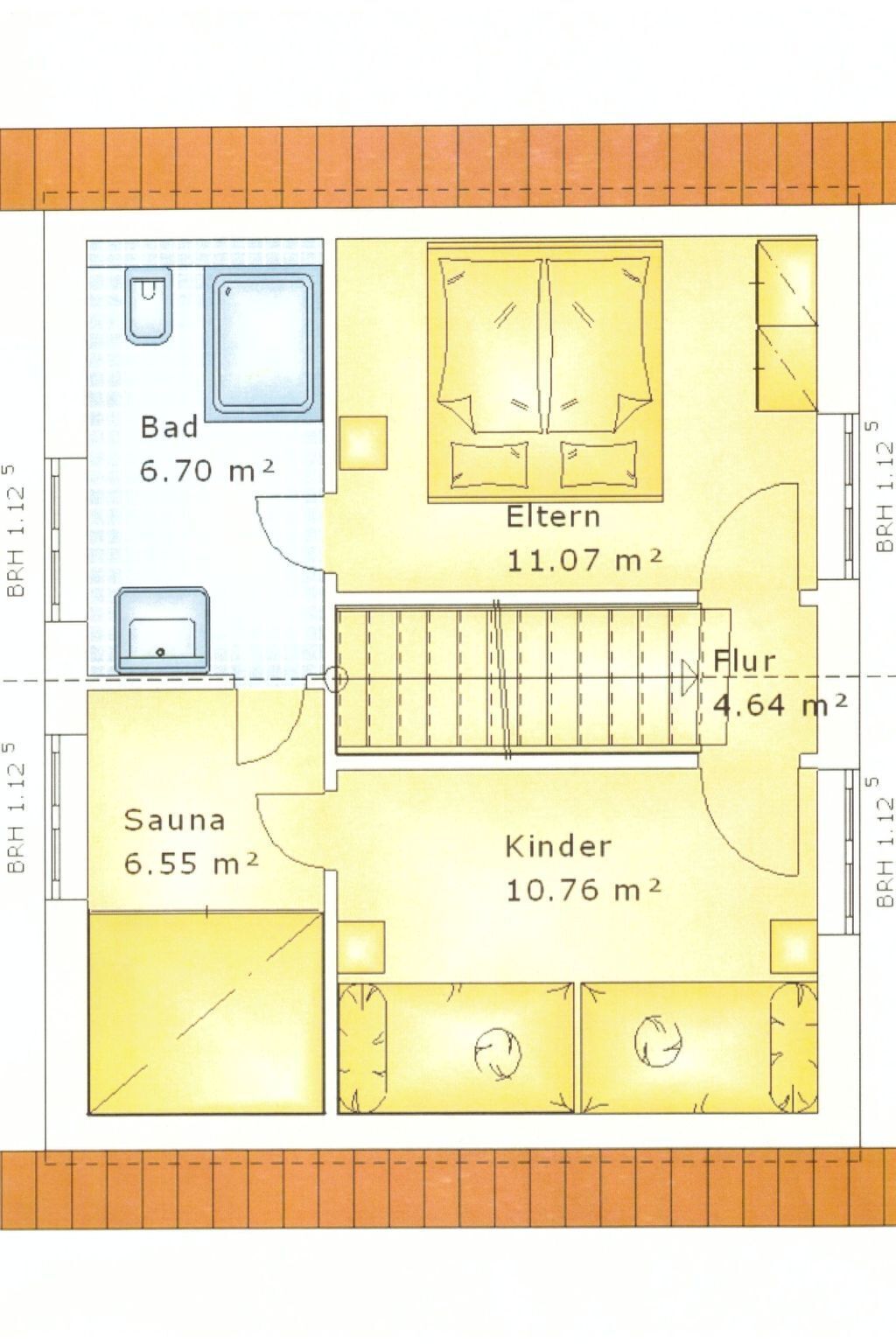 Plano de planta que muestra un baño, una cocina, una sala de estar, un comedor y una habitación infantil.