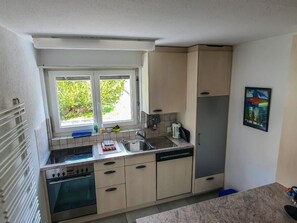 Eine kleine Küche mit Fenster, Geschirrspüler und Kühlschrank.