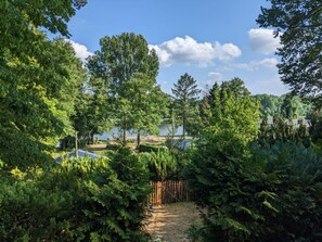 A lush garden with dense foliage, a wooden fence, and a clear sky. - in Süd-Waldhanglage mit tollem Seeblick by Interhome (Ferchesar)